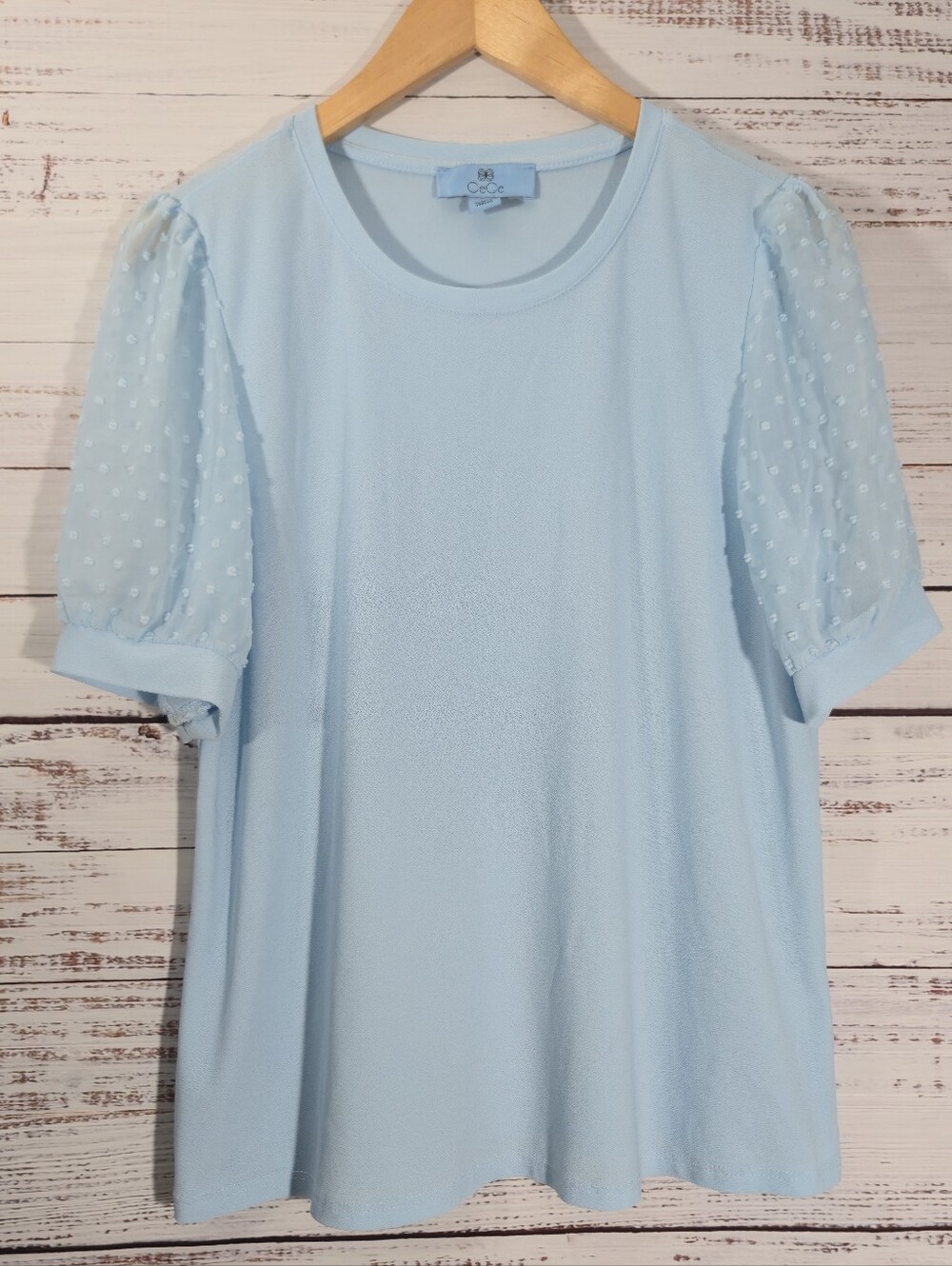 CeCe Light Blue Mesh Puff Sleeve Polka Dot Crew Neck Blouse Women’s M